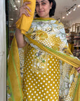 Dot Cotton Suit Set with Floral Dupatta