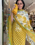Dot Cotton Suit Set with Floral Dupatta
