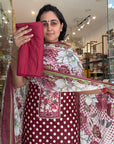 Dot Cotton Suit Set with Floral Dupatta