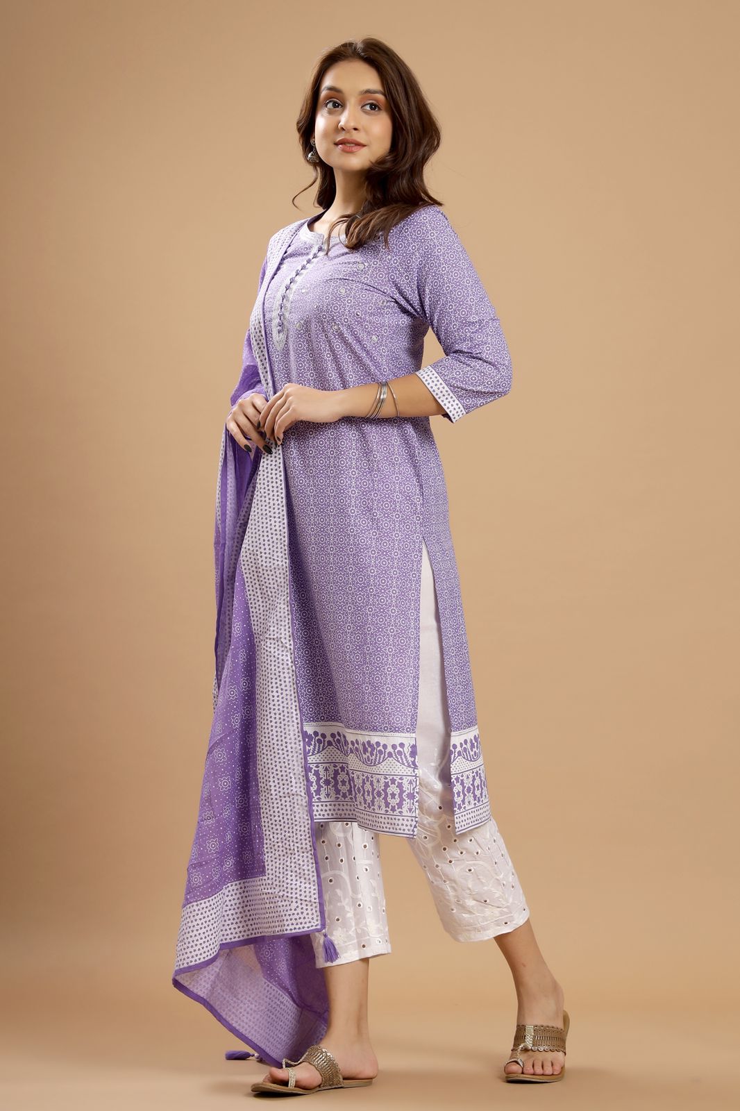 Graceful Harmony - Lavender, Pink, and Grey Cotton Suit Set by Vastra by Monty