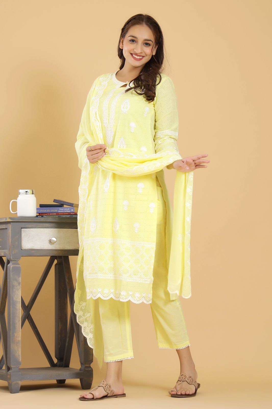 Sunny Chikankari Delight - Yellow Cotton Suit with Dupatta by Vastra by Monty