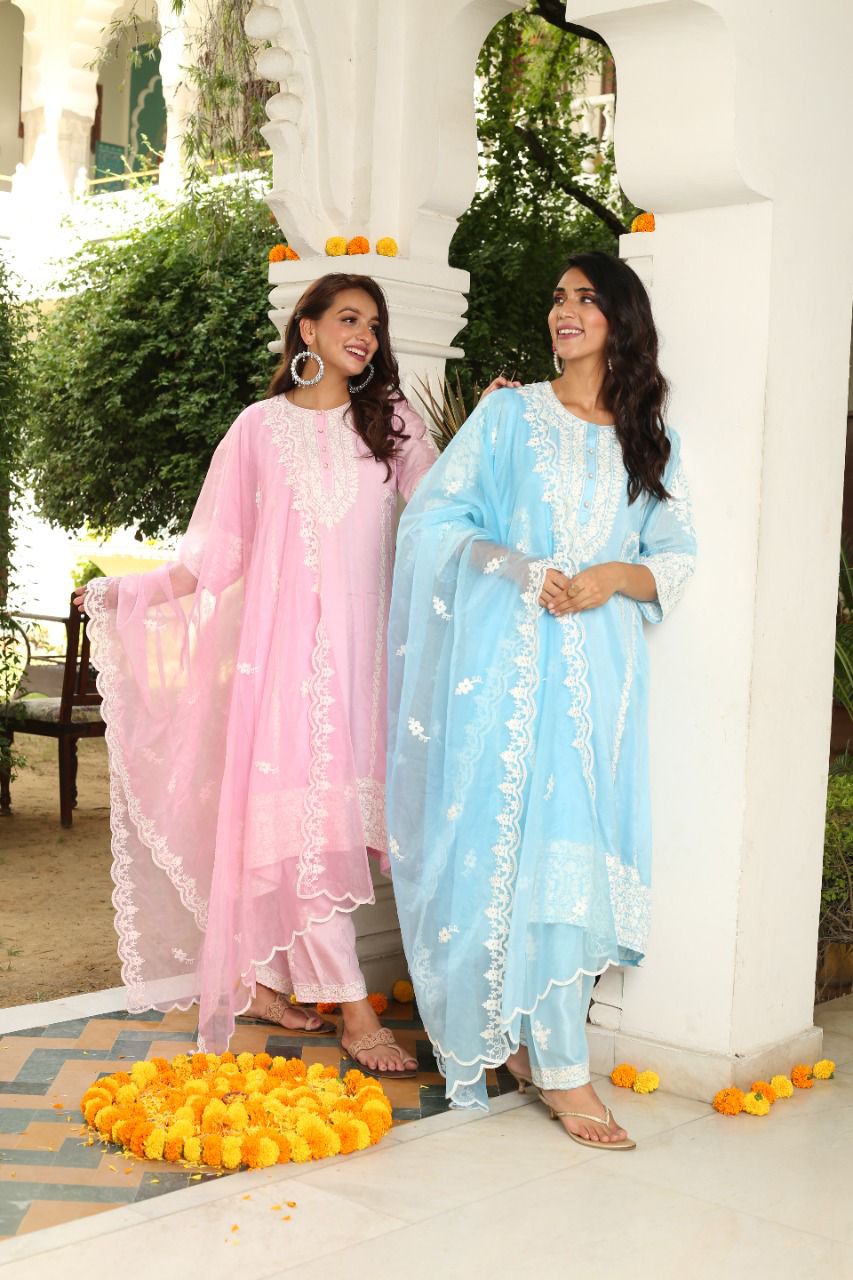 Paradise On Blue and Pink Dupatta Suit Set by Vastra by Monty