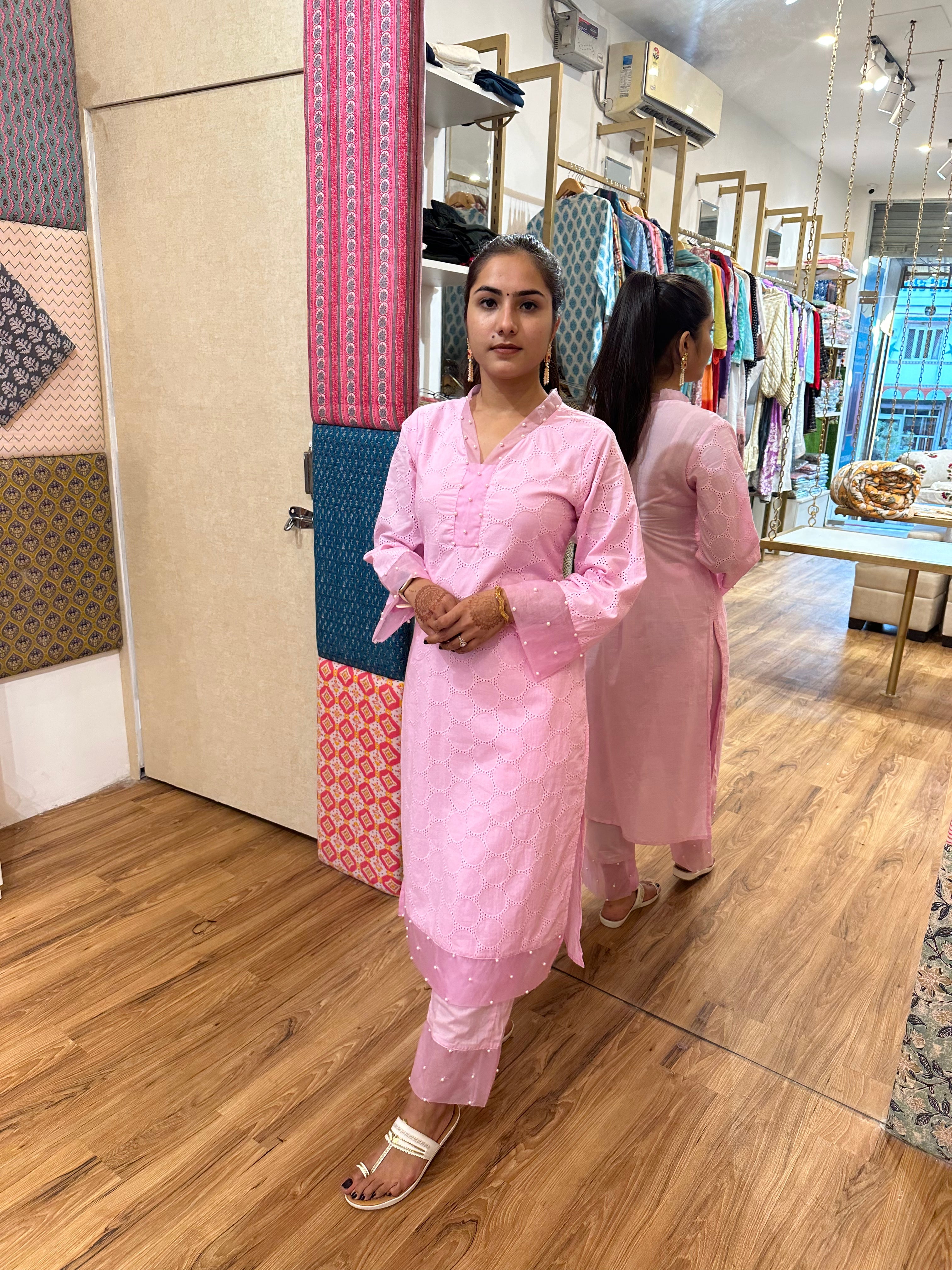 Blossoming Pearls - Pink and Blue Kurta Set by Vastra by Monty