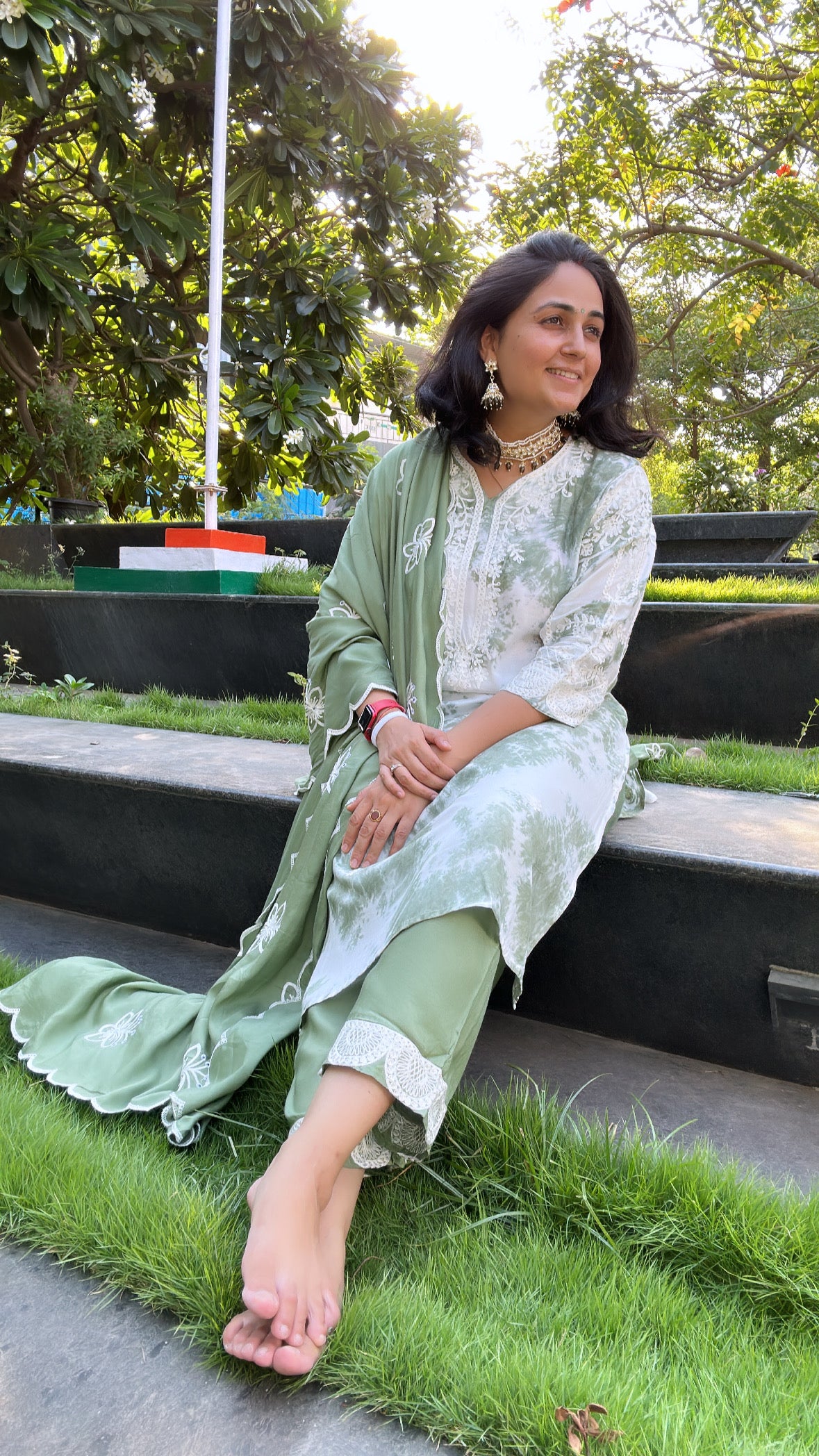 Vibrant Tie Dye - Green Tie Dye Lucknowi Kurta Set by Vastra by Monty