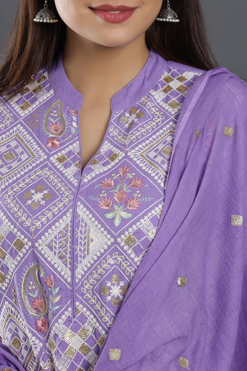 Elegant White, Blue, and Purple Embroidered Suit | Handcrafted by Vastrabymonty | From Jaipur, Rajasthan