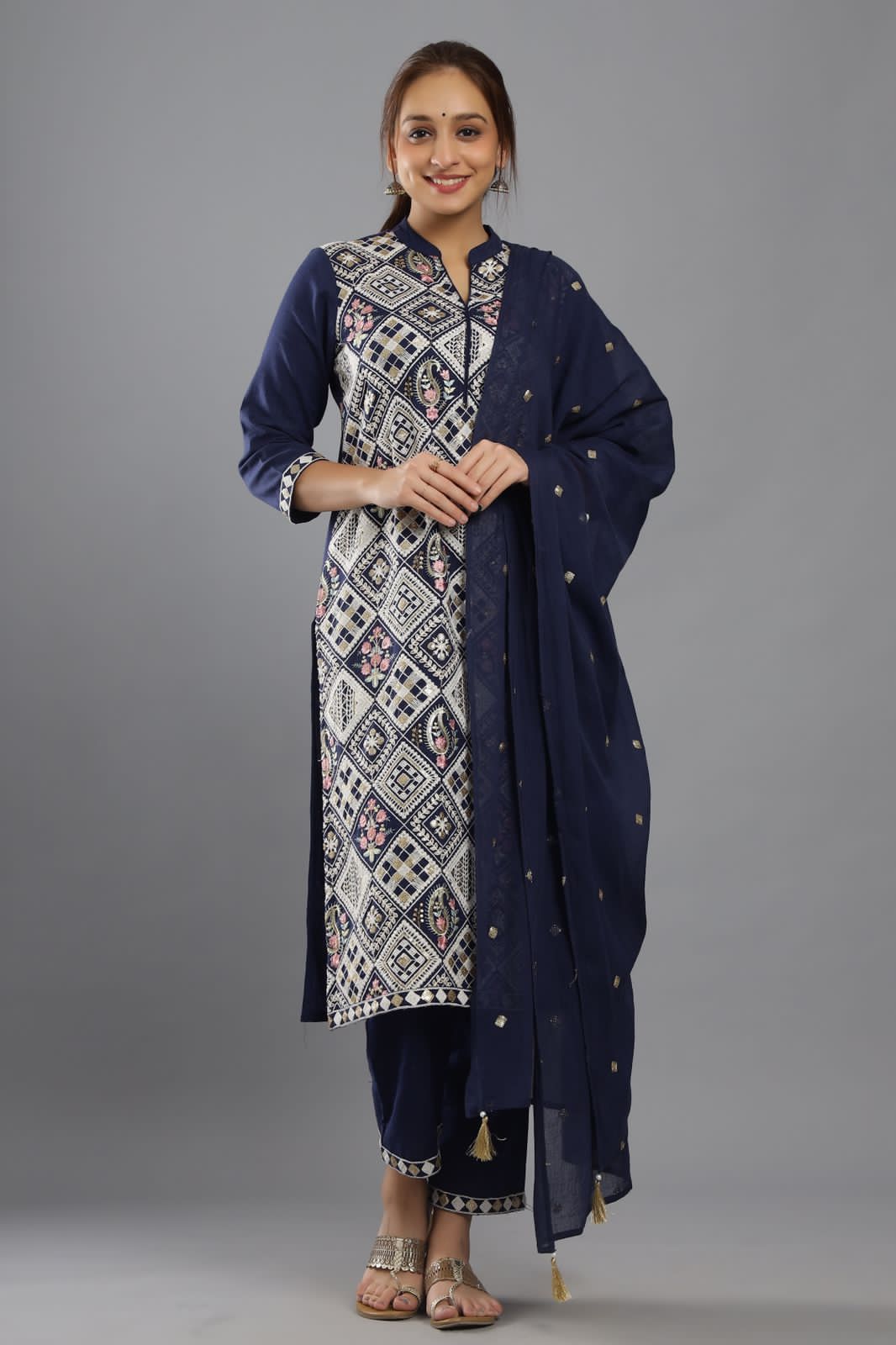 Elegant White, Blue, and Purple Embroidered Suit | Handcrafted by Vastrabymonty | From Jaipur, Rajasthan