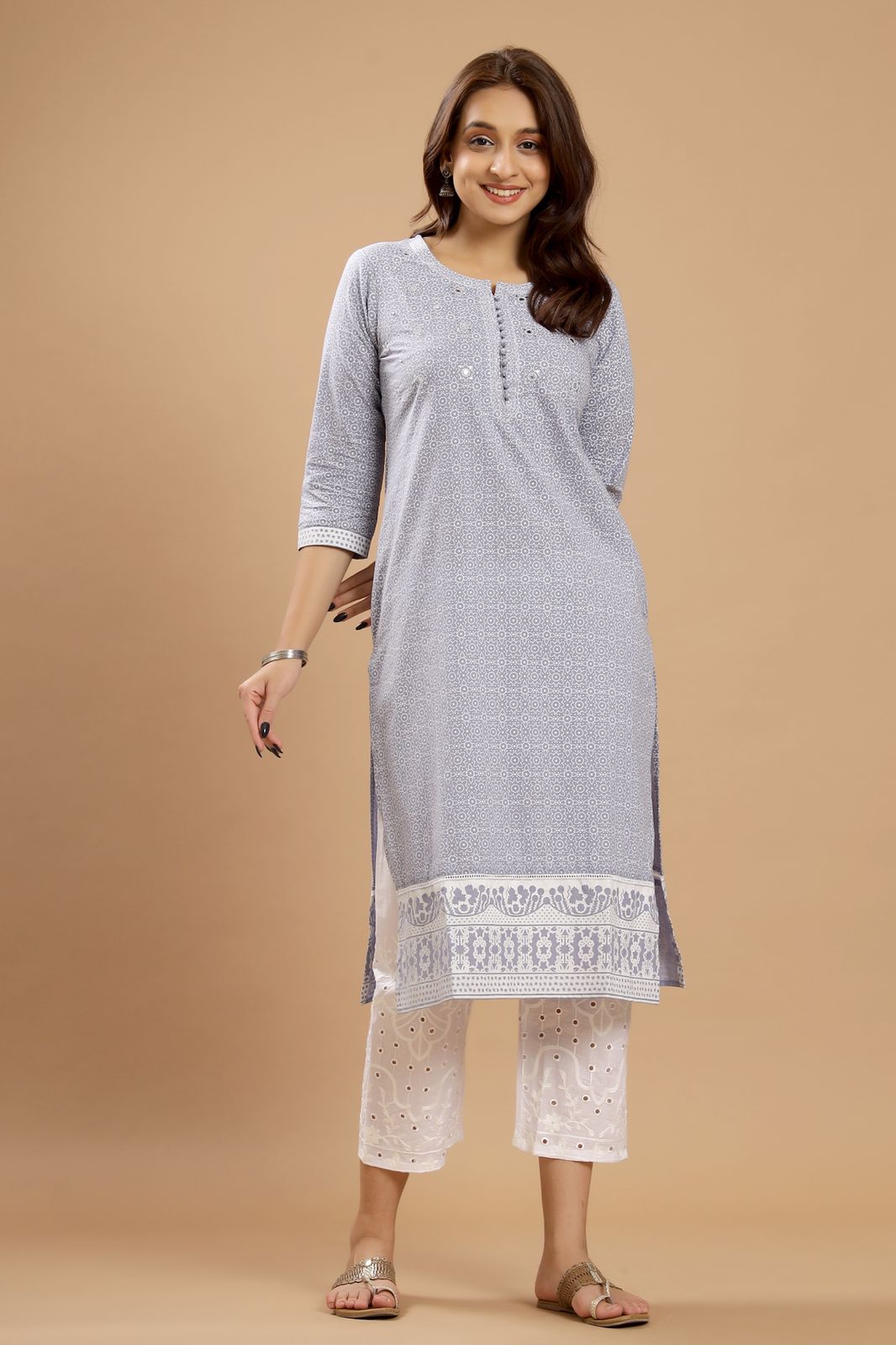 Graceful Harmony - Lavender, Pink, and Grey Cotton Suit Set by Vastra by Monty