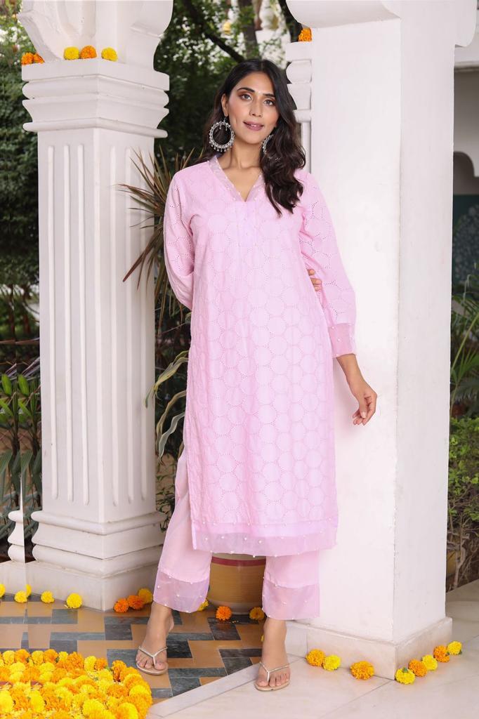 Blossoming Pearls - Pink and Blue Kurta Set by Vastra by Monty