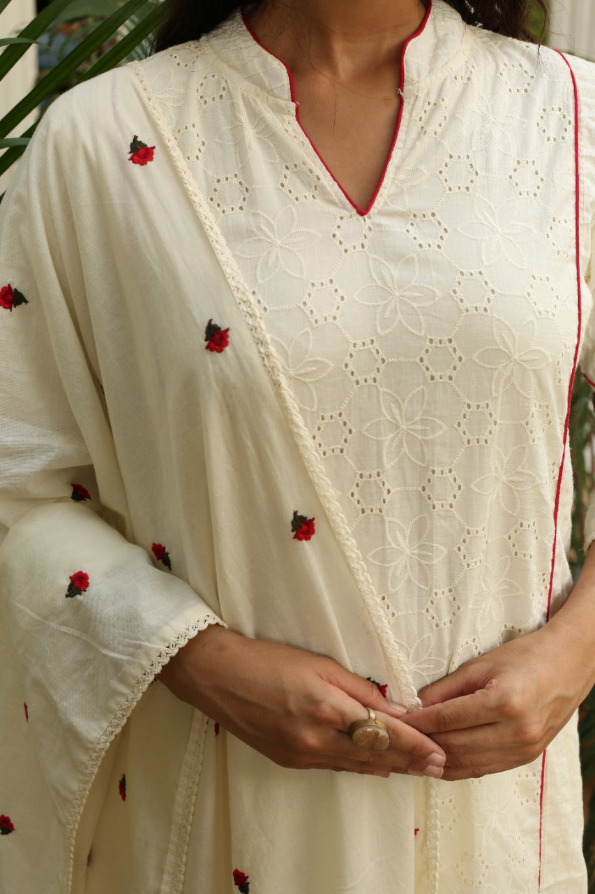 Ethereal Daisies - White, Grey, and Yellow Chikankari Dupatta Set by Vastra by Monty