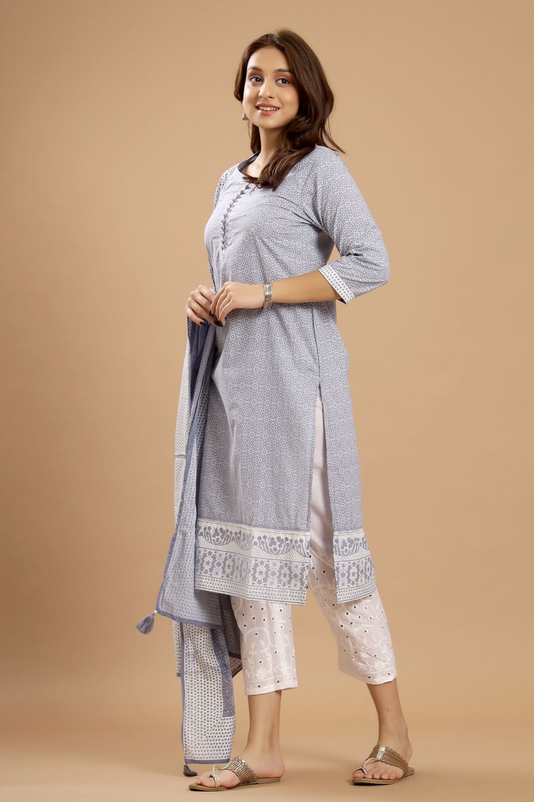 Graceful Harmony - Lavender, Pink, and Grey Cotton Suit Set by Vastra by Monty