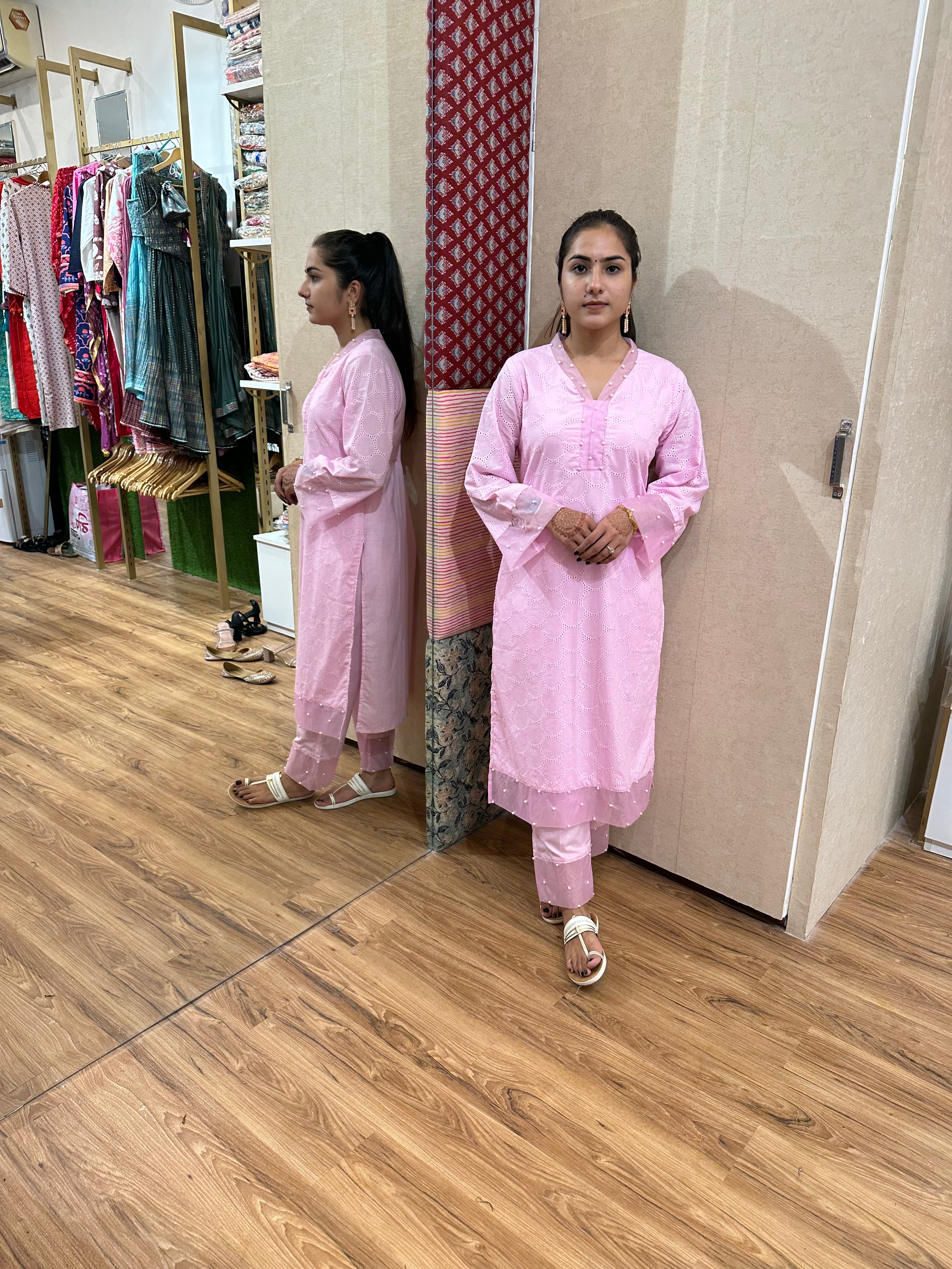 Blossoming Pearls - Pink and Blue Kurta Set by Vastra by Monty