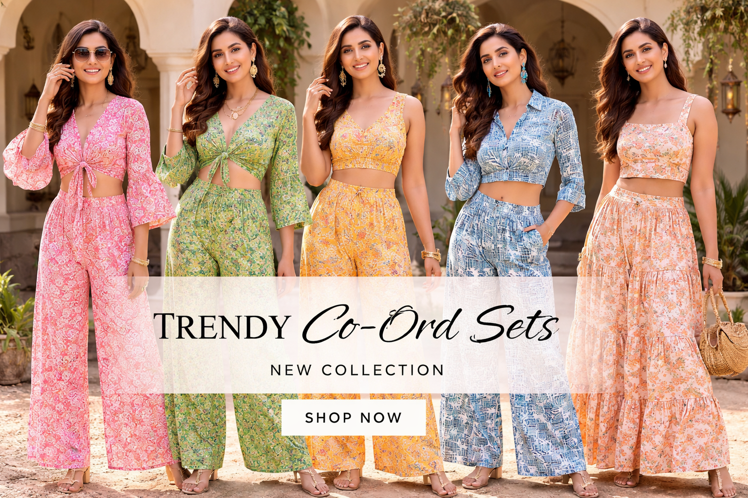 Promotional image of women wearing trendy co-ord sets with text overlay.