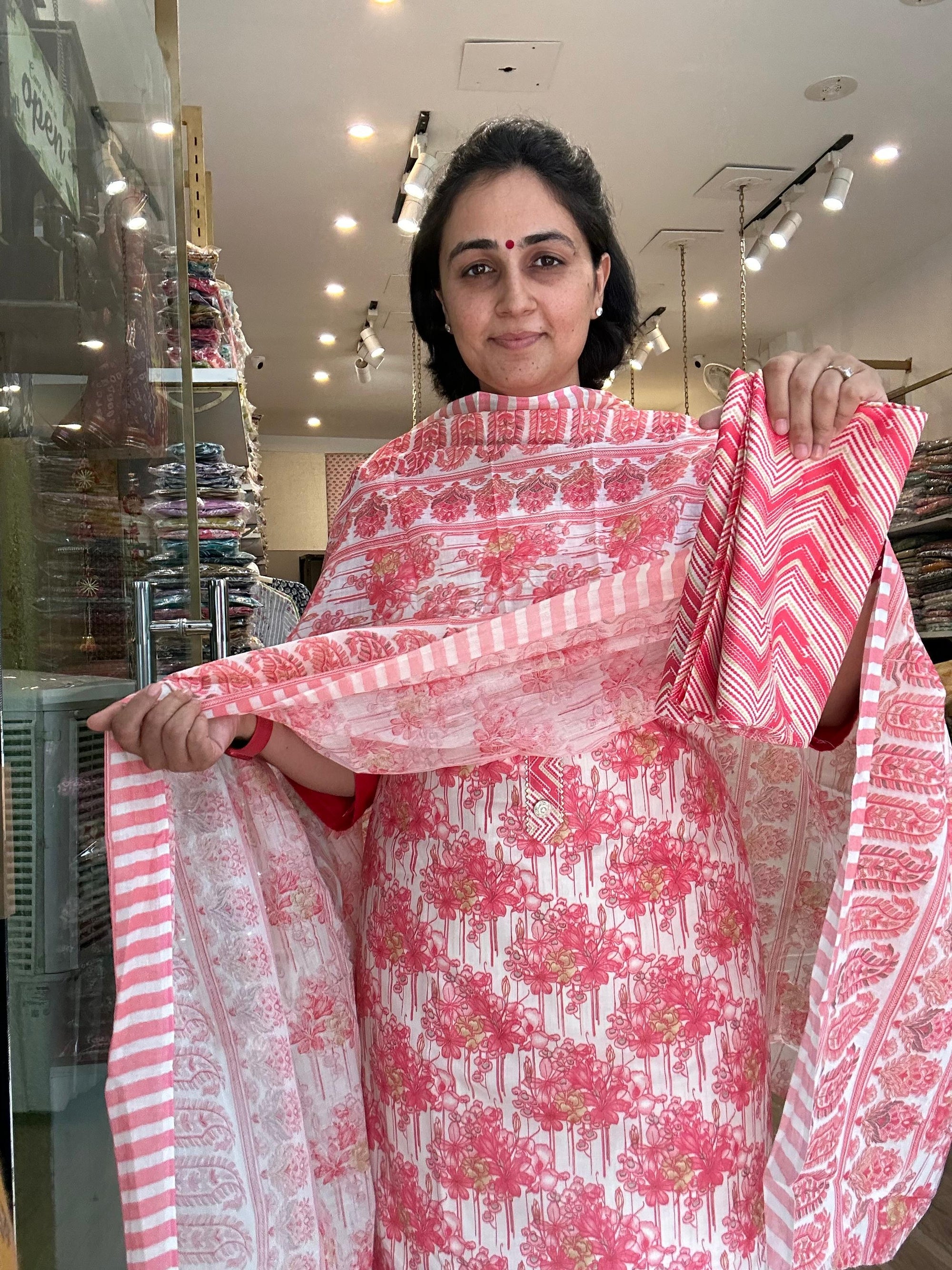 Green and White Floral Print Cotton Kurta Set