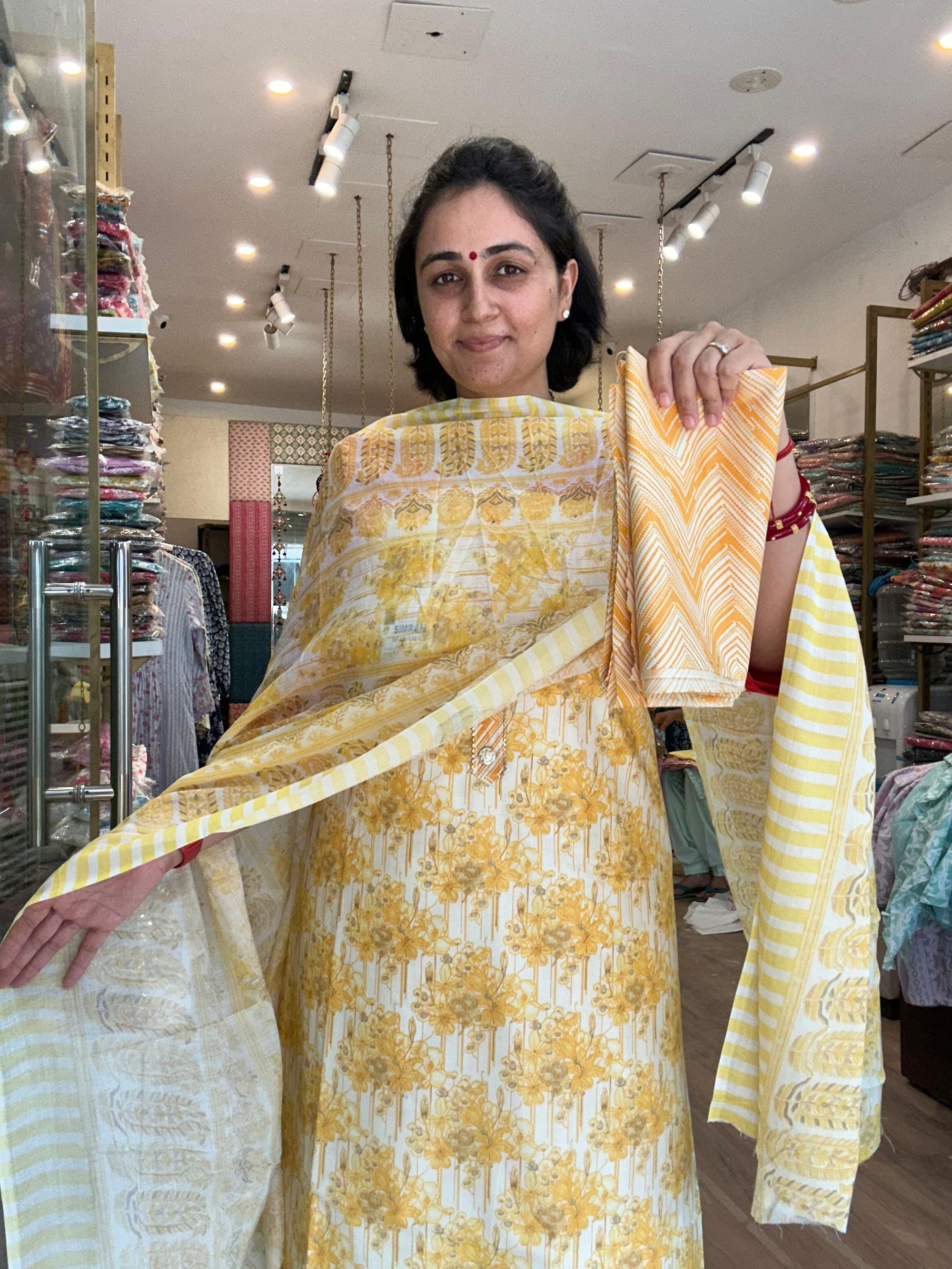 Green and White Floral Print Cotton Kurta Set
