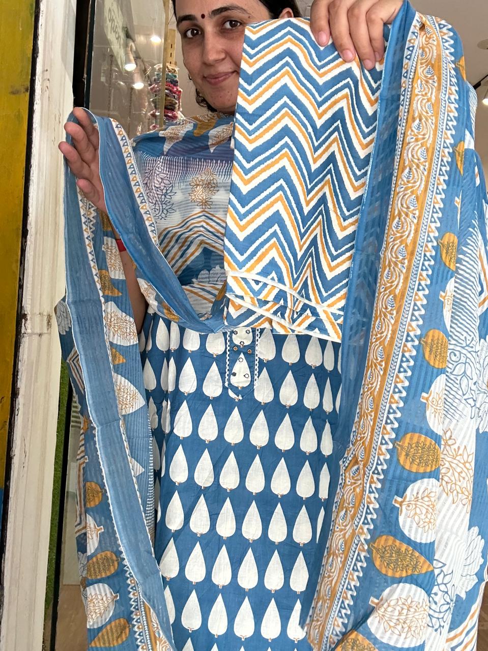 Elegant Cotton Printed Suit Set with Lace &amp; Mirror Work – Multiple Shades