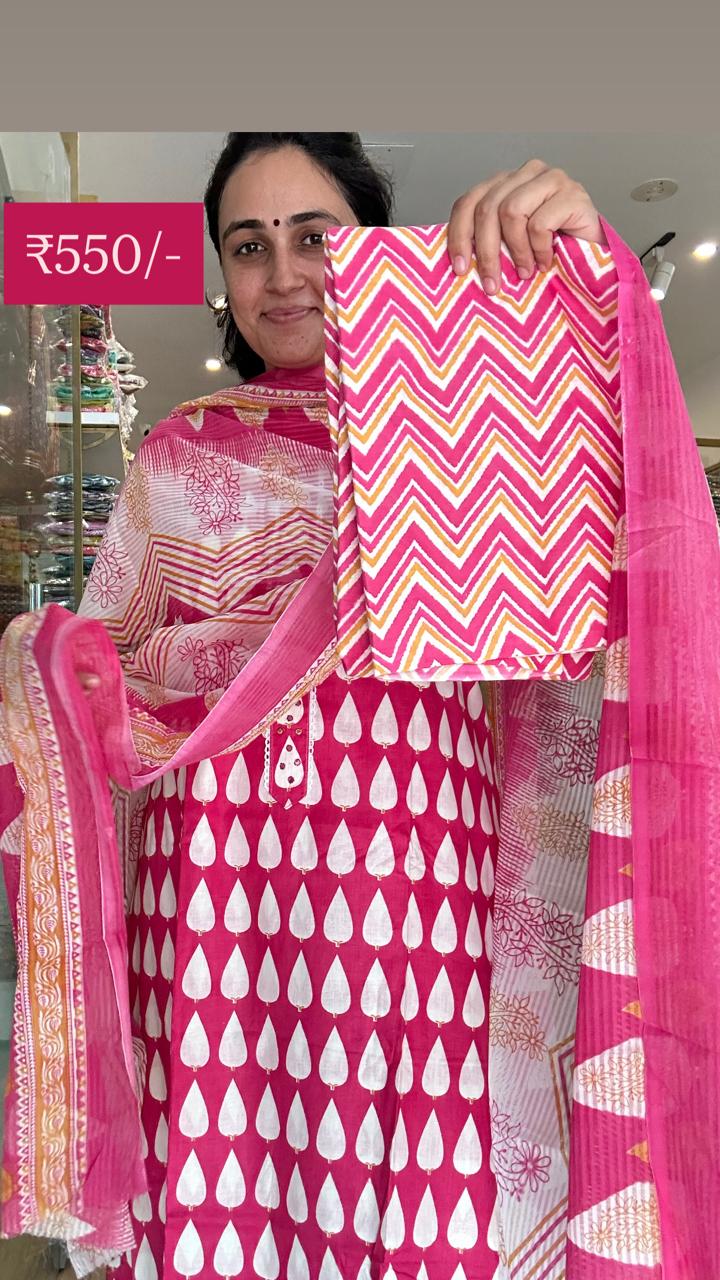 Elegant Cotton Printed Suit Set with Lace &amp; Mirror Work – Multiple Shades