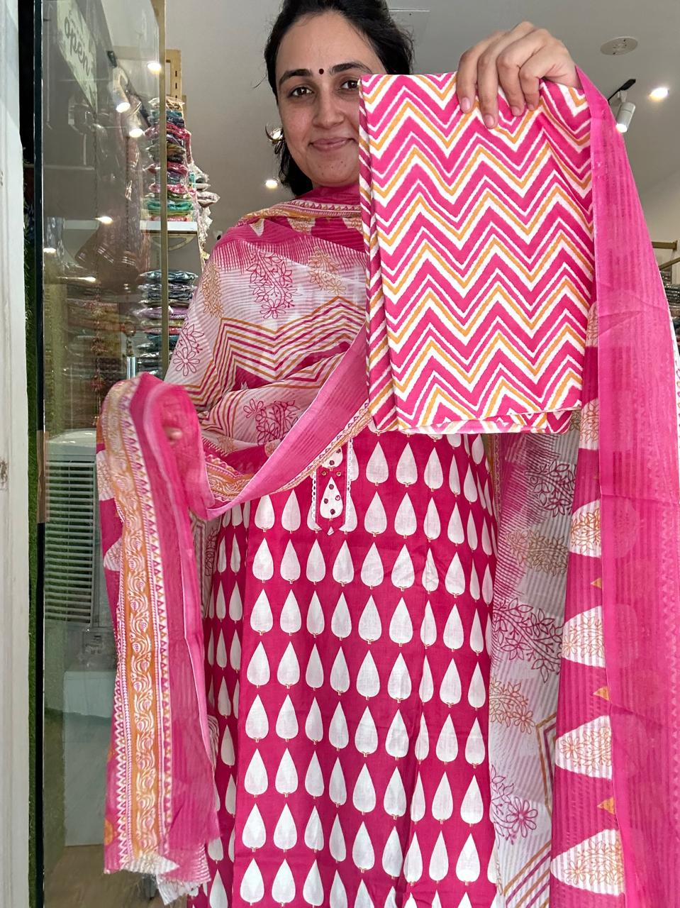 Elegant Cotton Printed Suit Set with Lace &amp; Mirror Work – Multiple Shades