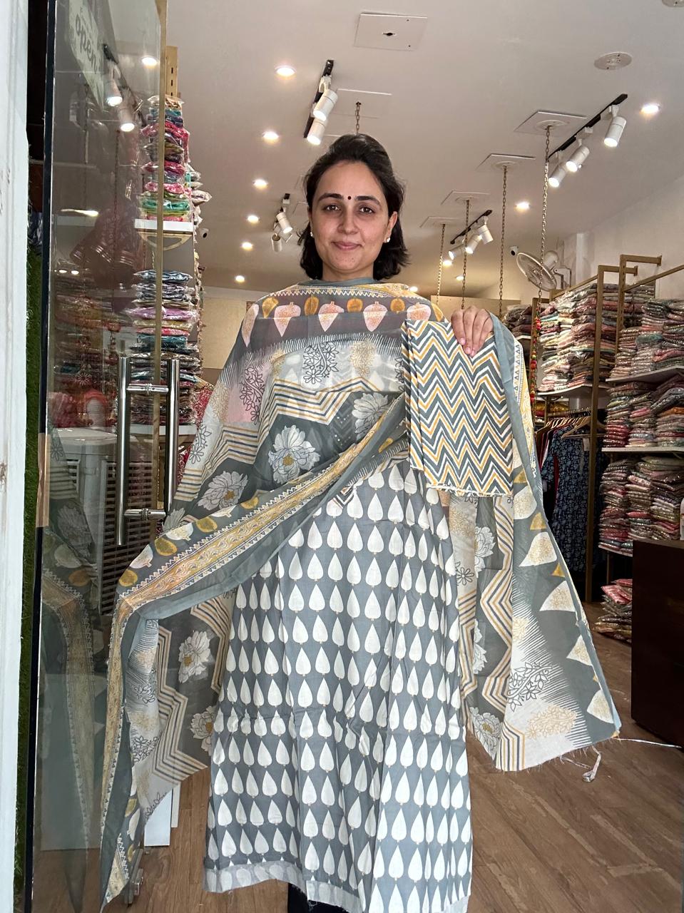 Elegant Cotton Printed Suit Set with Lace &amp; Mirror Work – Multiple Shades
