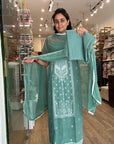 Serene Sage Green Embroidered Cotton Suit Set with Chiffon Dupatta