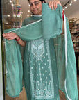 Serene Sage Green Embroidered Cotton Suit Set with Chiffon Dupatta