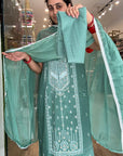 Serene Sage Green Embroidered Cotton Suit Set with Chiffon Dupatta