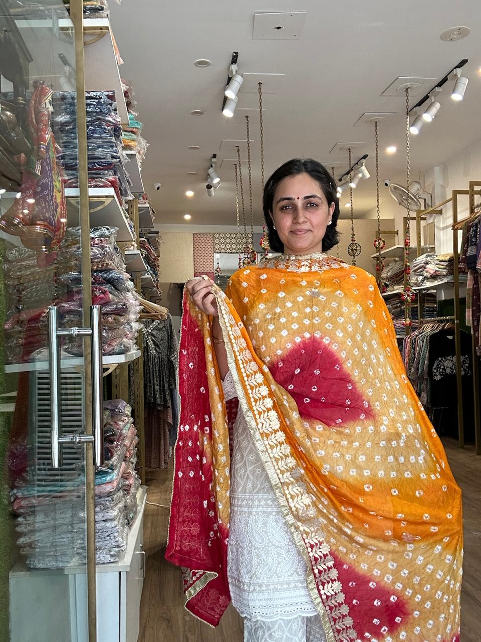 Vibrant Orange and Red Ombre Chiffon Dupatta with Golden Floral Lace