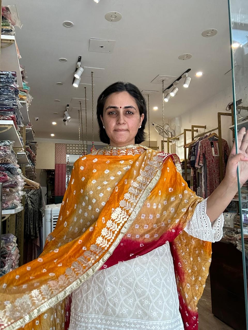 Vibrant Orange and Red Ombre Chiffon Dupatta with Golden Floral Lace