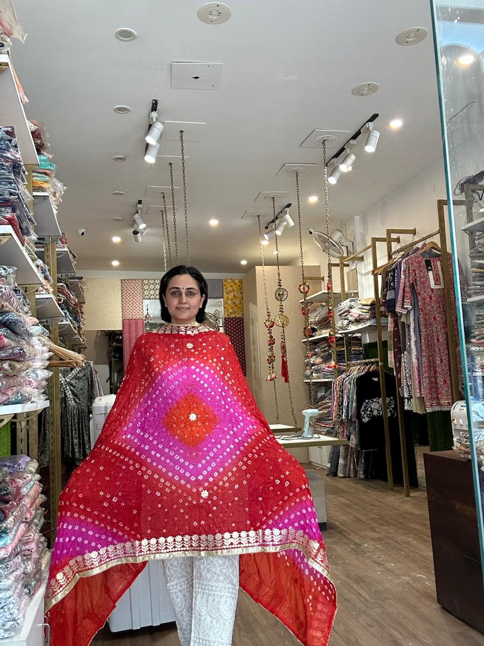 Vibrant Orange and Red Ombre Chiffon Dupatta with Golden Floral Lace