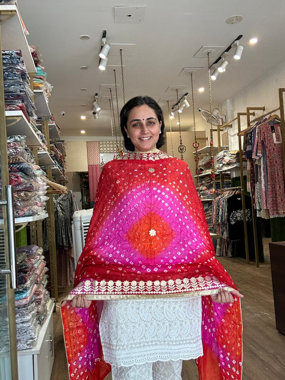Vibrant Orange and Red Ombre Chiffon Dupatta with Golden Floral Lace
