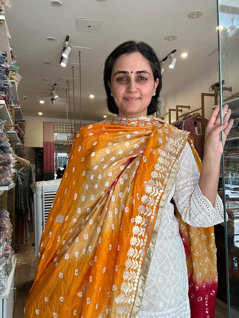 Vibrant Orange and Red Ombre Chiffon Dupatta with Golden Floral Lace