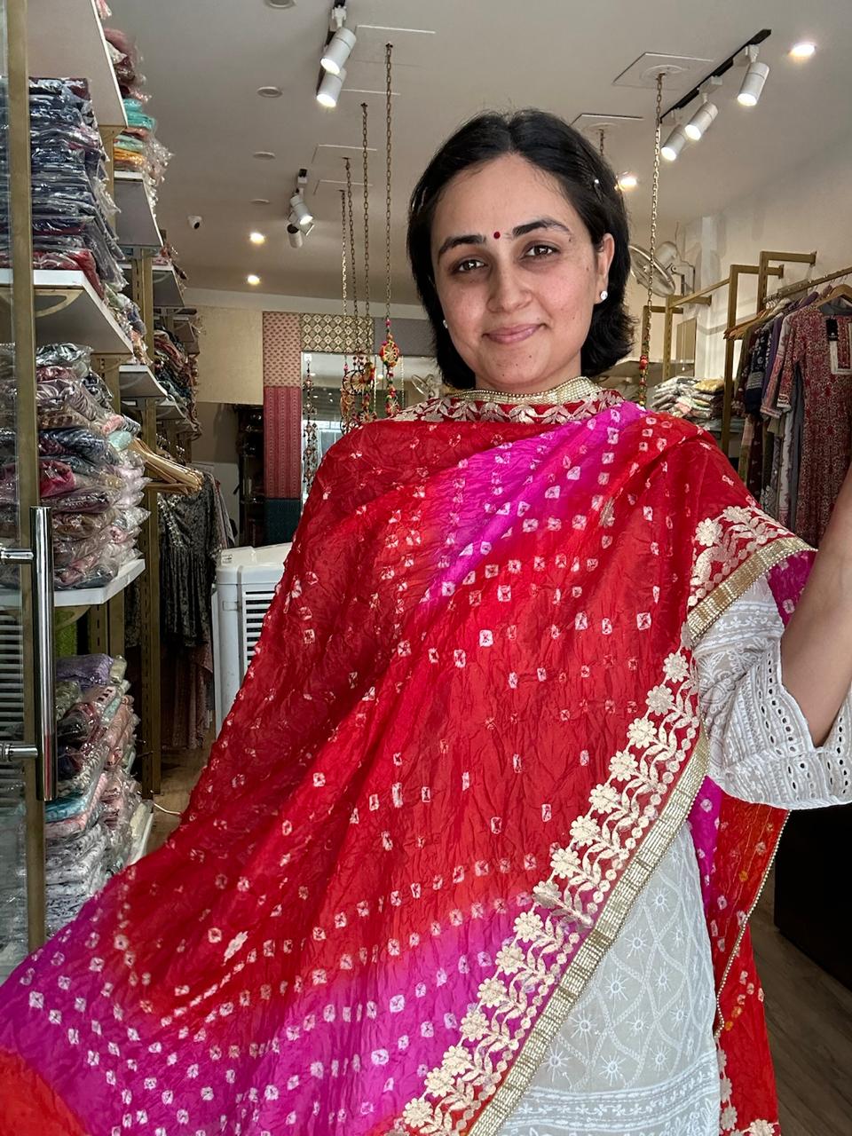 Vibrant Orange and Red Ombre Chiffon Dupatta with Golden Floral Lace