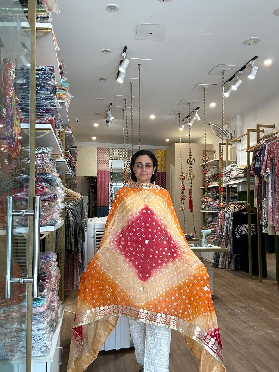 Vibrant Orange and Red Ombre Chiffon Dupatta with Golden Floral Lace
