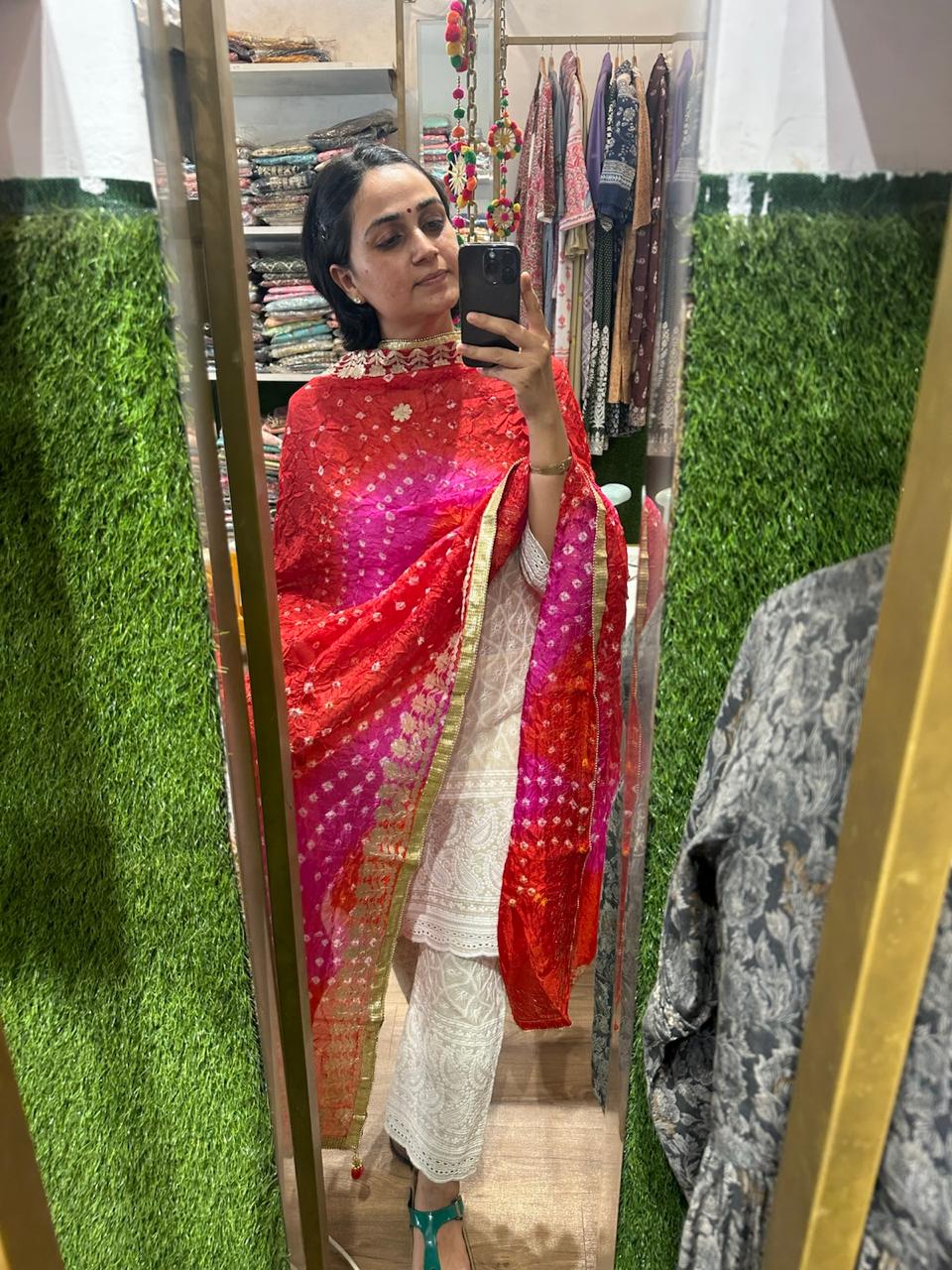 Vibrant Orange and Red Ombre Chiffon Dupatta with Golden Floral Lace