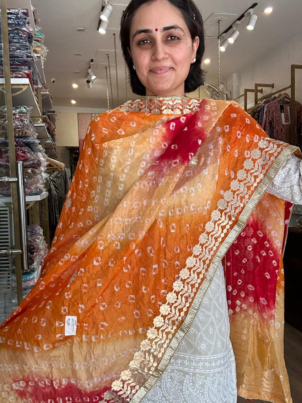 Vibrant Orange and Red Ombre Chiffon Dupatta with Golden Floral Lace
