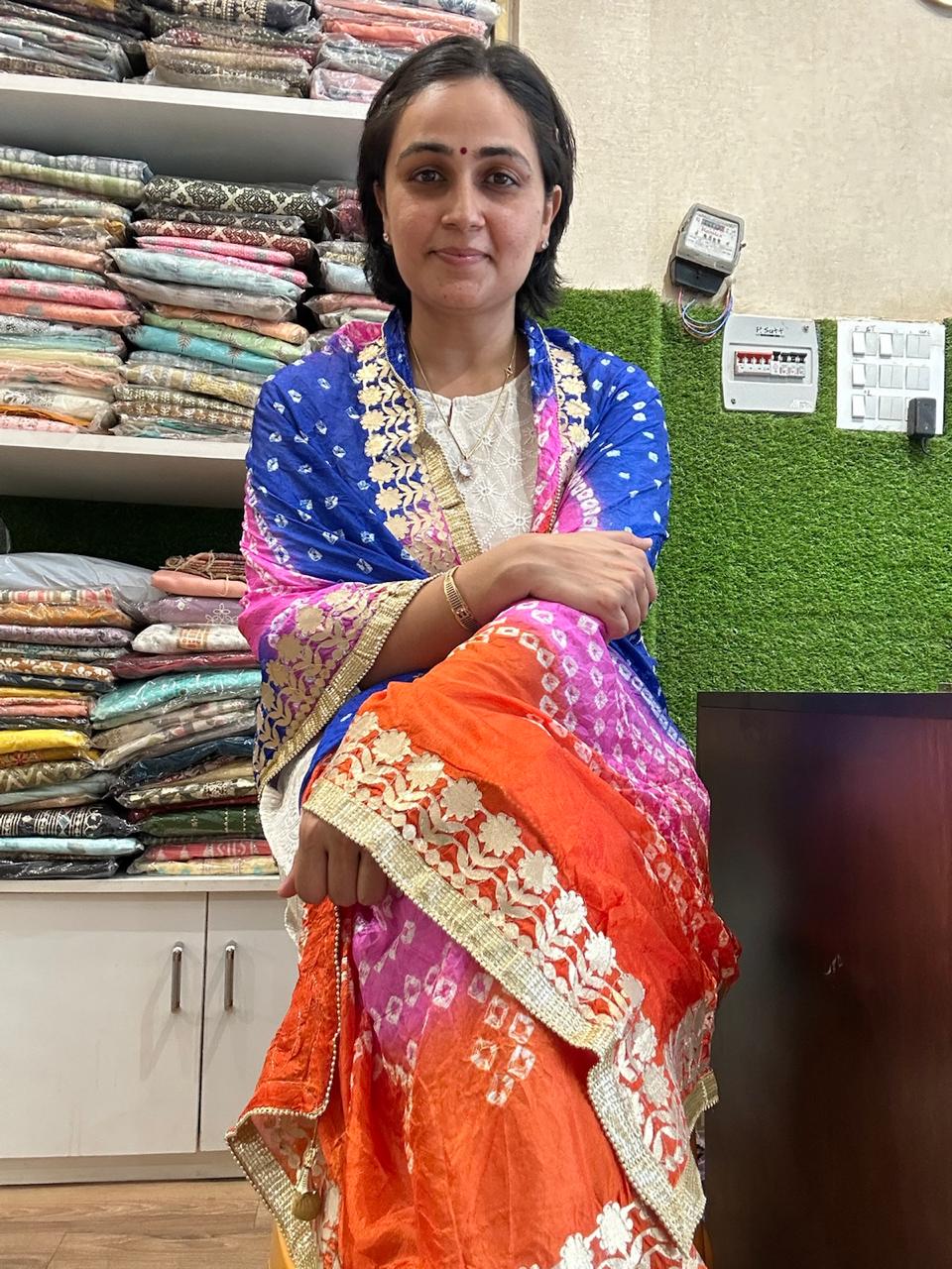 Vibrant Orange and Red Ombre Chiffon Dupatta with Golden Floral Lace