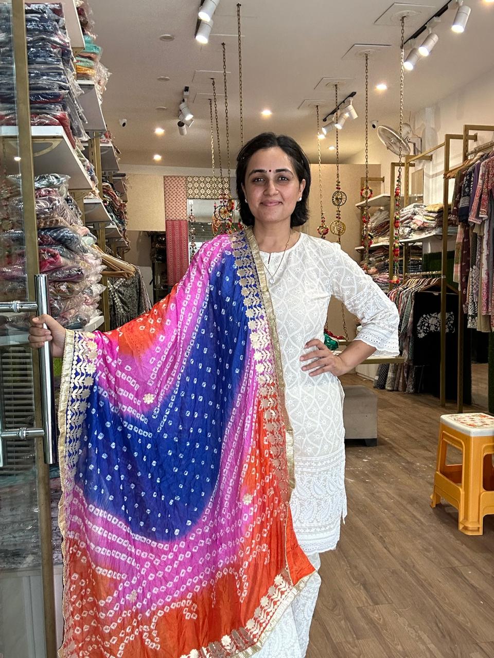 Vibrant Orange and Red Ombre Chiffon Dupatta with Golden Floral Lace