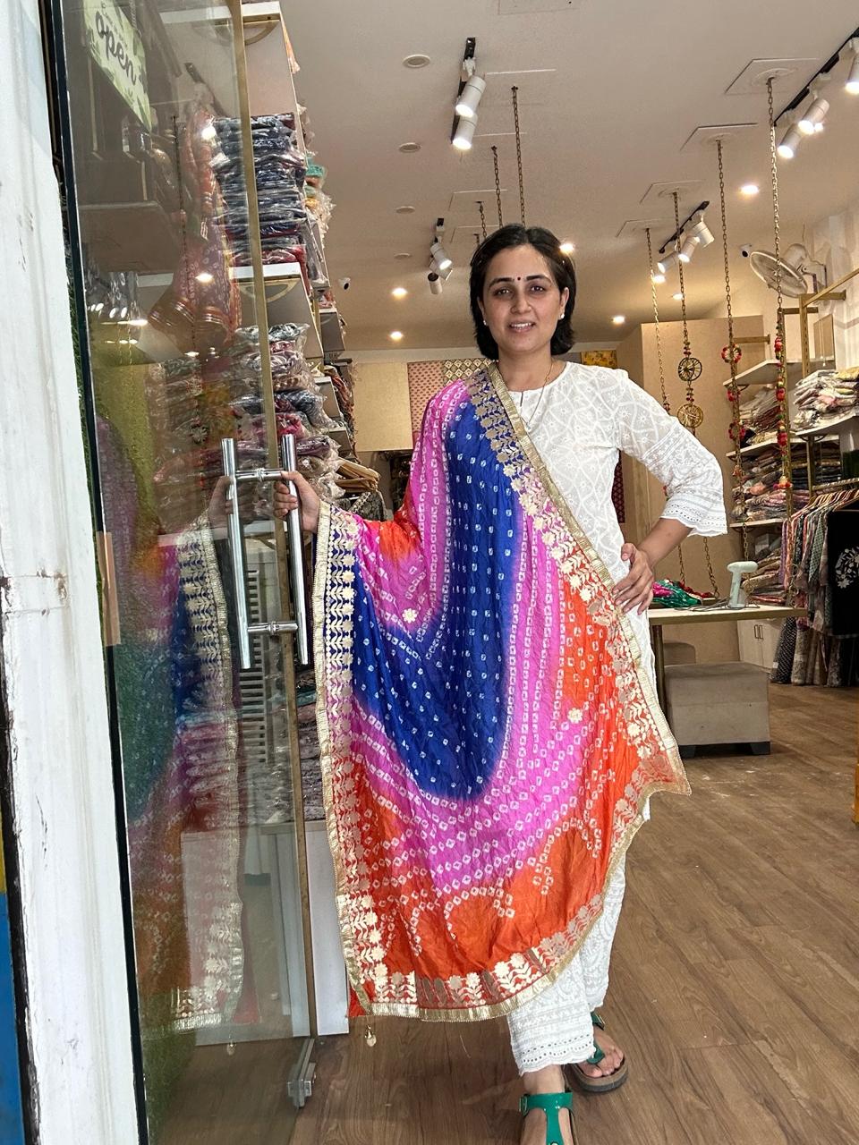 Vibrant Orange and Red Ombre Chiffon Dupatta with Golden Floral Lace