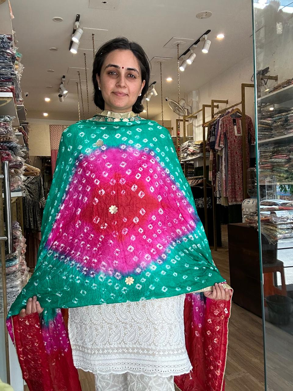Vibrant Orange and Red Ombre Chiffon Dupatta with Golden Floral Lace
