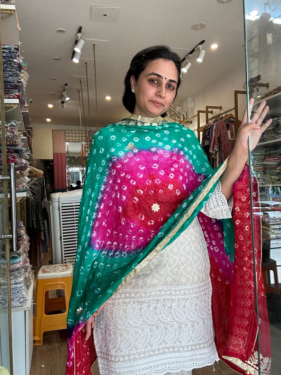 Vibrant Orange and Red Ombre Chiffon Dupatta with Golden Floral Lace