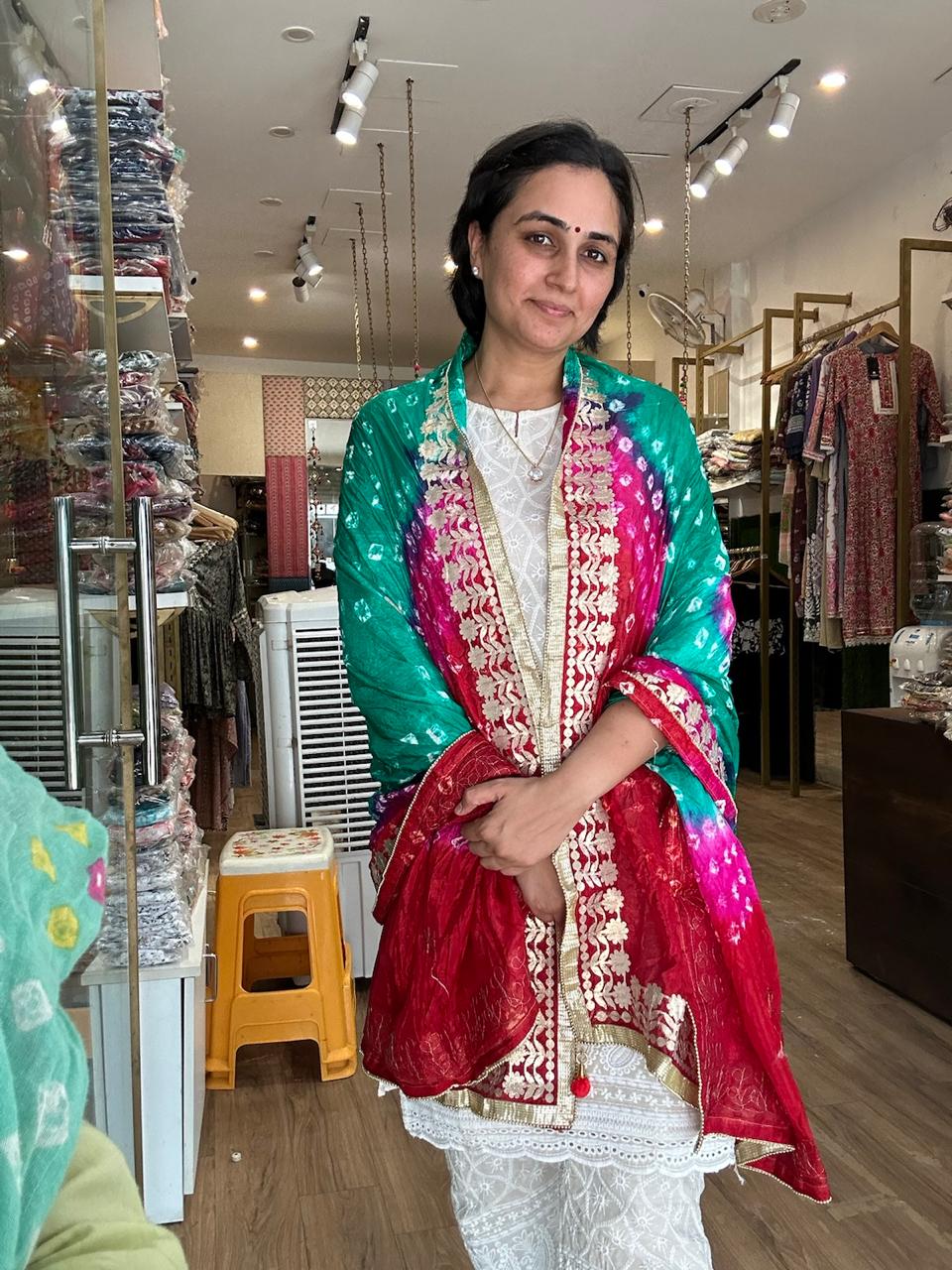 Vibrant Orange and Red Ombre Chiffon Dupatta with Golden Floral Lace