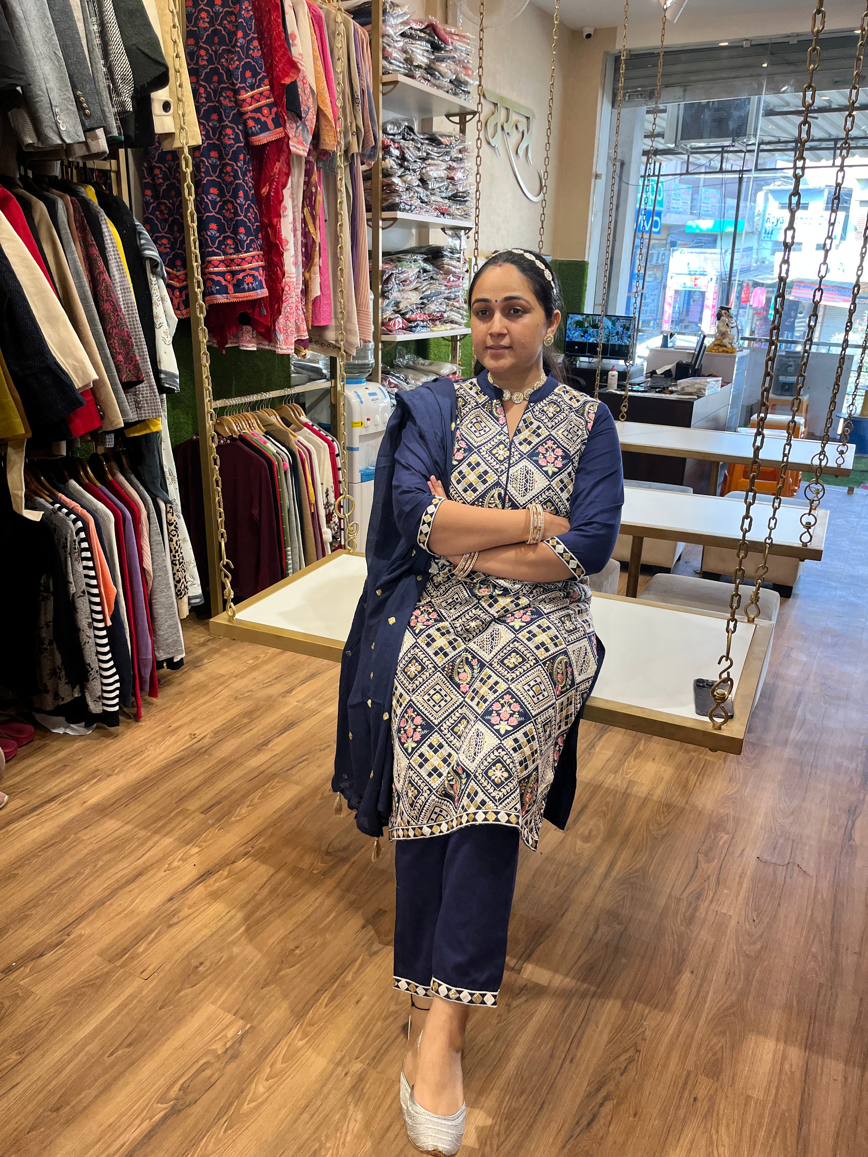 Elegant White, Blue, and Purple Embroidered Suit | Handcrafted by Vastrabymonty | From Jaipur, Rajasthan