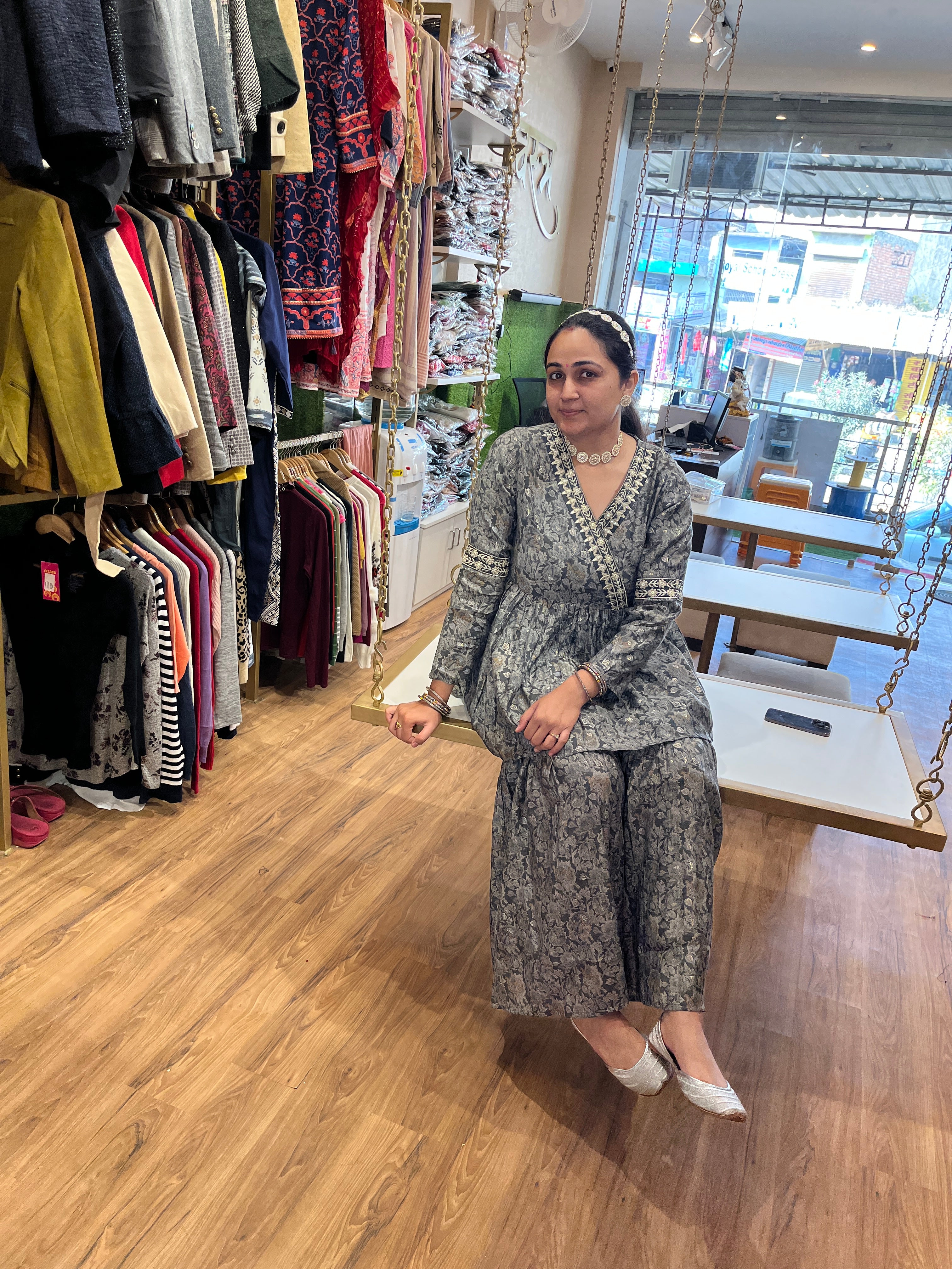 Grey Floral Elegance - Floral Grey Sharara Set by Vastra by Monty