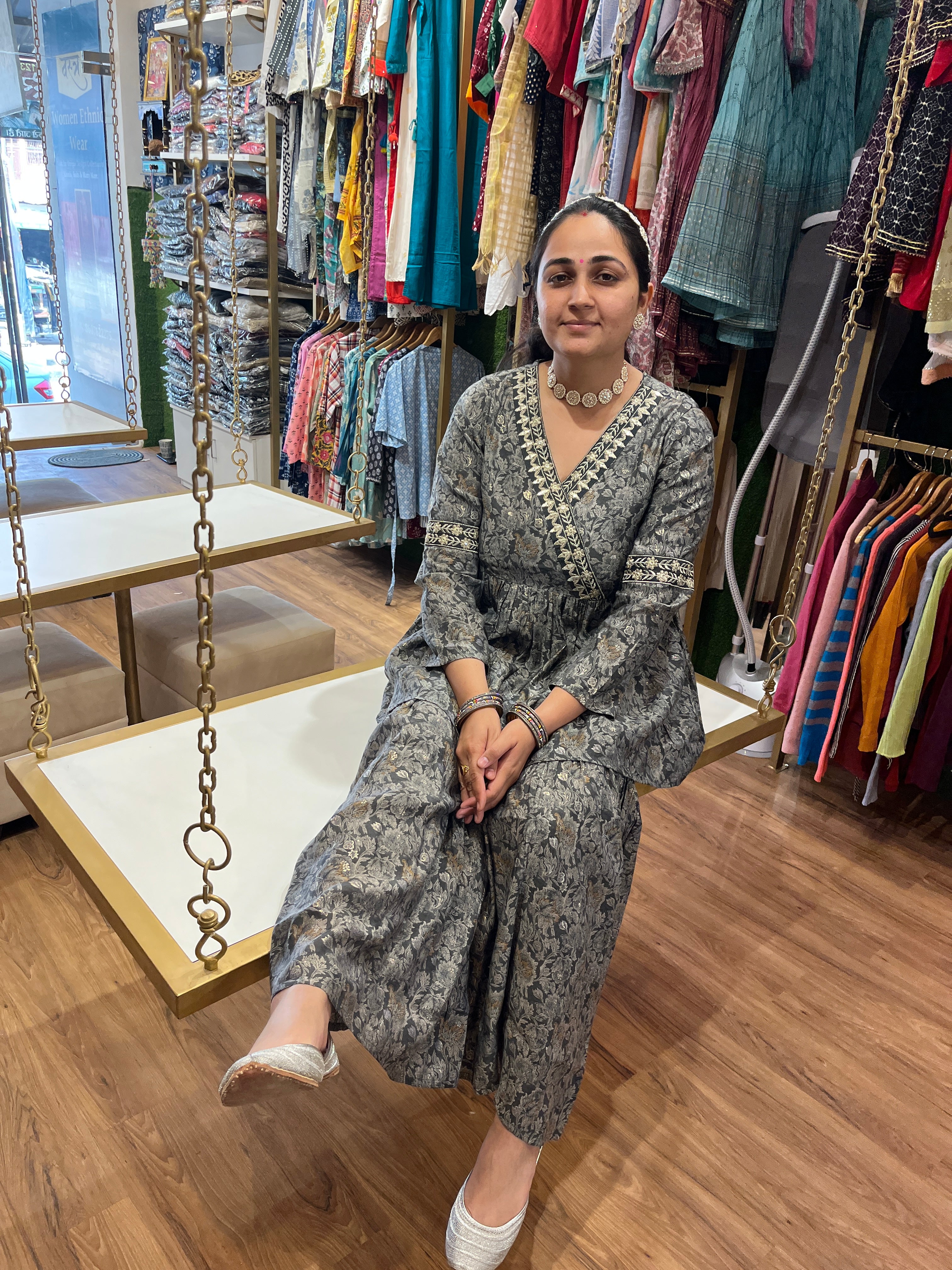 Grey Floral Elegance - Floral Grey Sharara Set by Vastra by Monty