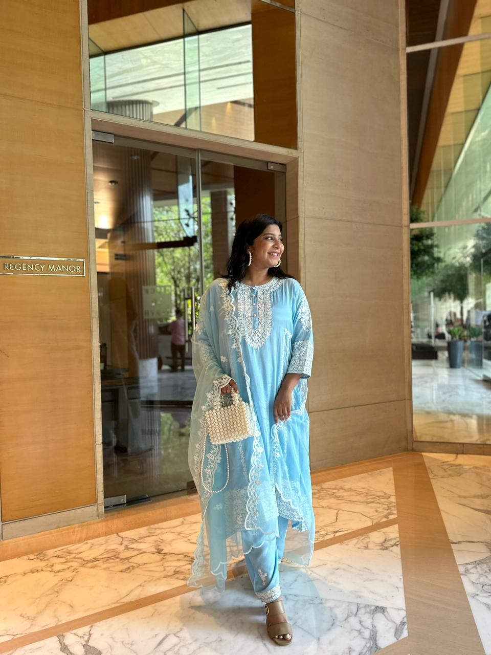Paradise On Blue and Pink Dupatta Suit Set by Vastra by Monty