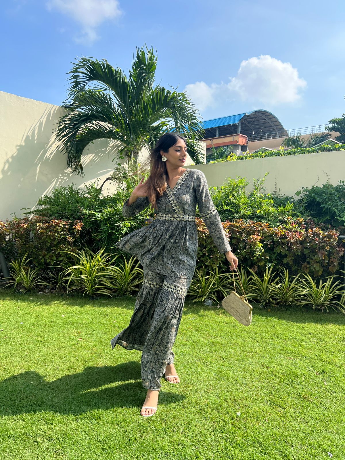 Grey Floral Elegance - Floral Grey Sharara Set by Vastra by Monty
