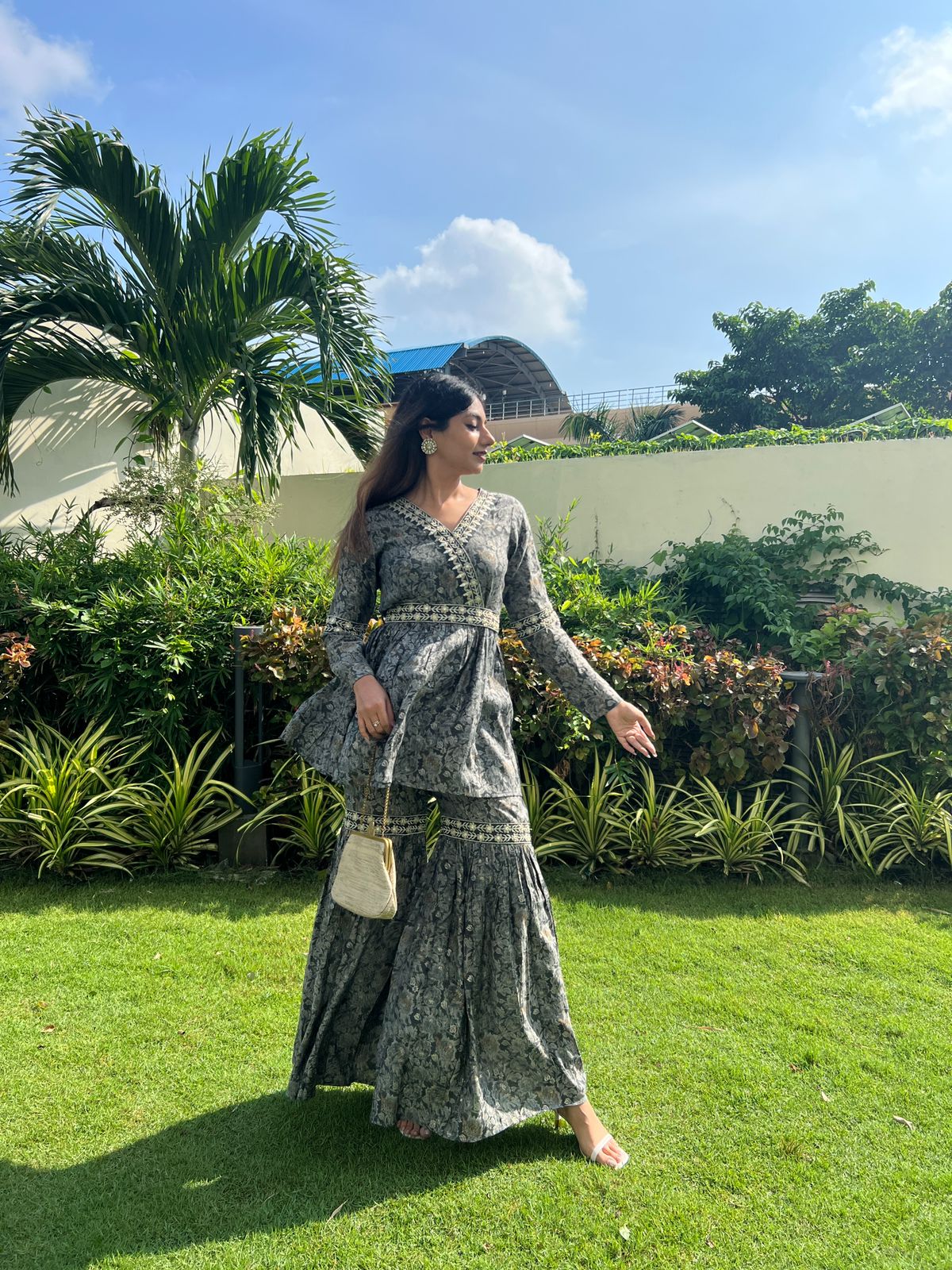 Grey Floral Elegance - Floral Grey Sharara Set by Vastra by Monty