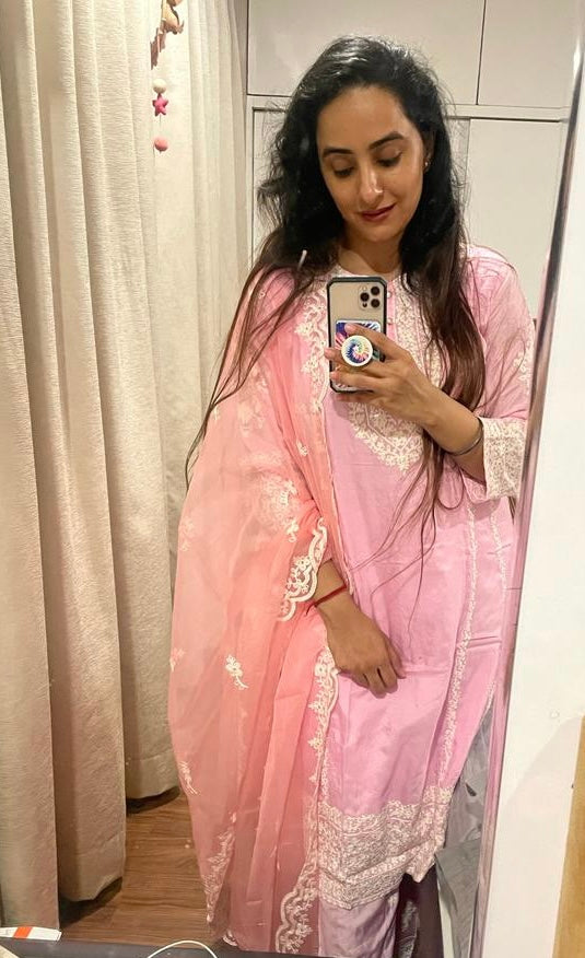 Paradise On Blue and Pink Dupatta Suit Set by Vastra by Monty