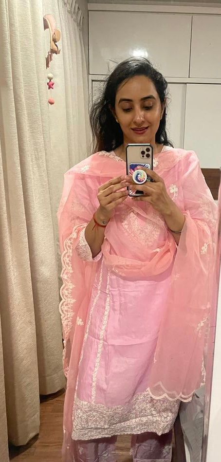 Paradise On Blue and Pink Dupatta Suit Set by Vastra by Monty
