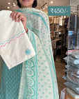 Vastrabymonty Traditional Block Print Pure Cotton Unstitched 3-Piece Suit Set with Embroidered Dupatta – Pink, Yellow, Turquoise, Light Blue – Rs. 450 Only