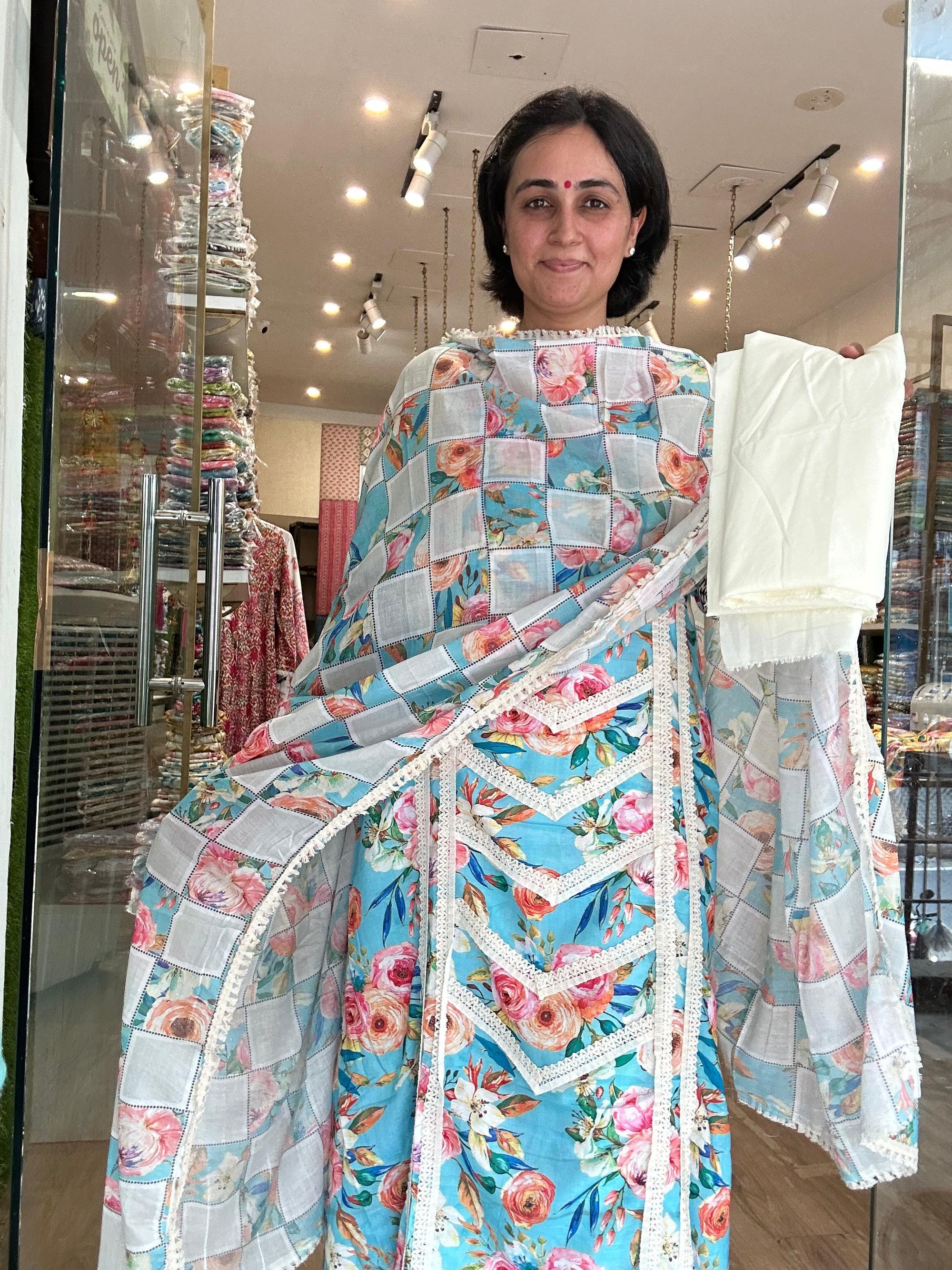 VastraByMonty “GulKriti” Unstitched Pure Cotton Suit Set – Premium Floral Patchwork with Pom-Pom &amp; Lace Detailing (3-Piece Set)